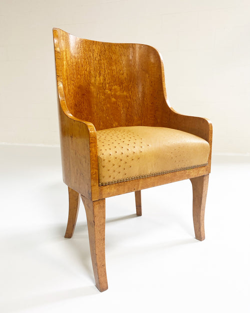 Biedermeier Gnarled Birch Armchairs in Ostrich Leather, pair