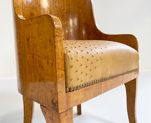 Biedermeier Gnarled Birch Armchairs in Ostrich Leather, pair