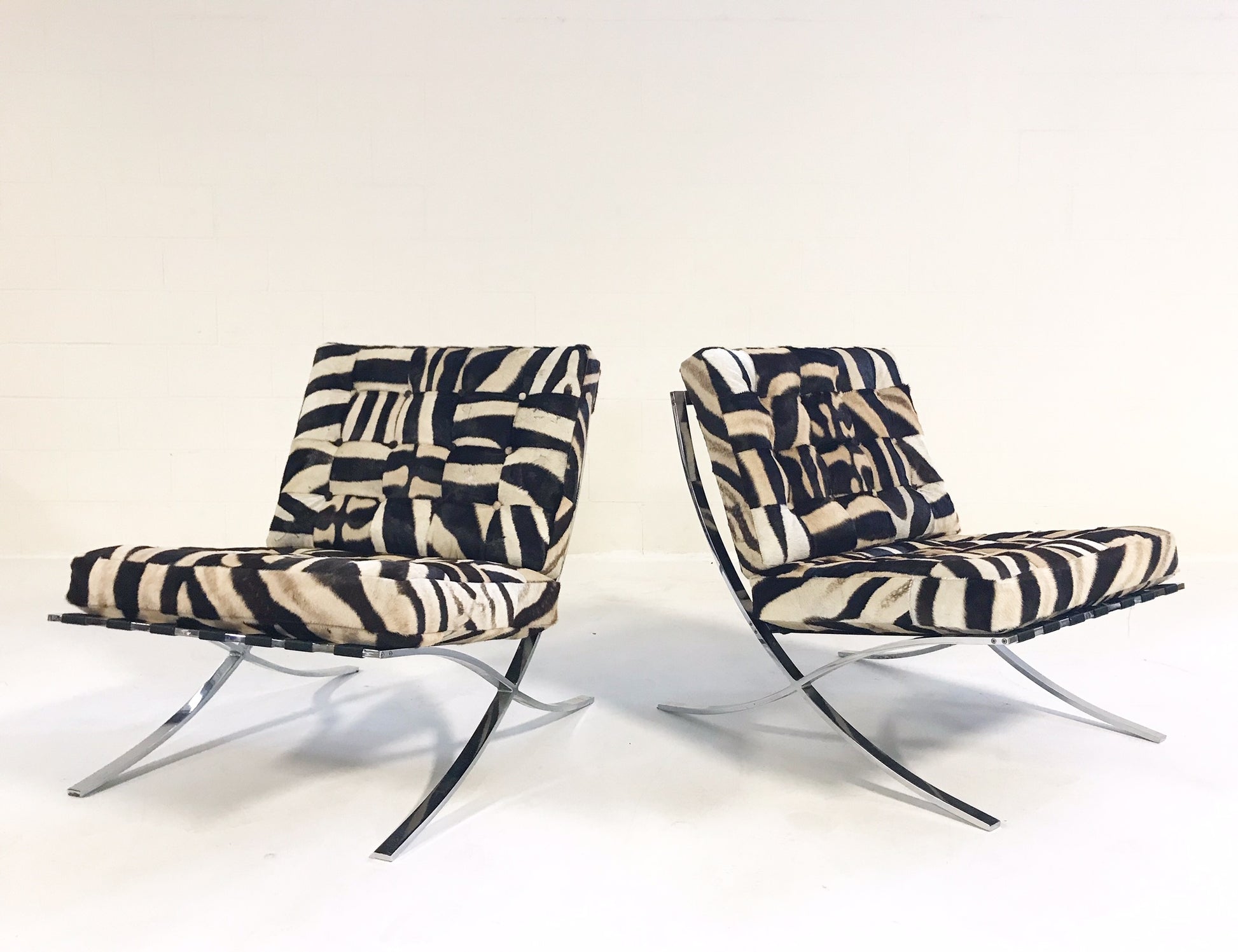 Barcelona Style Chairs in Zebra Hide, pair - FORSYTH