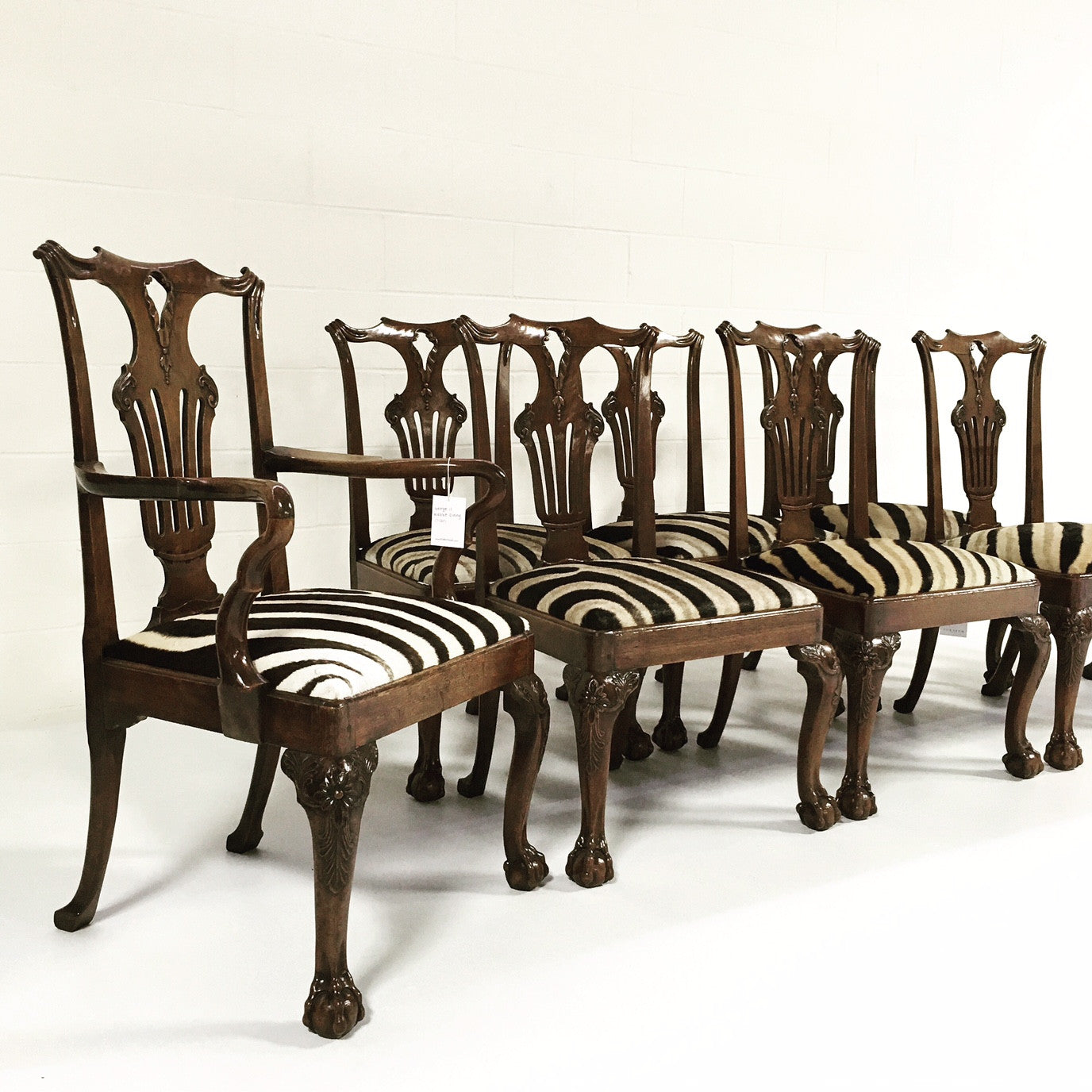 George II Walnut Dining Chairs in Zebra Hide, set of 8 - FORSYTH
