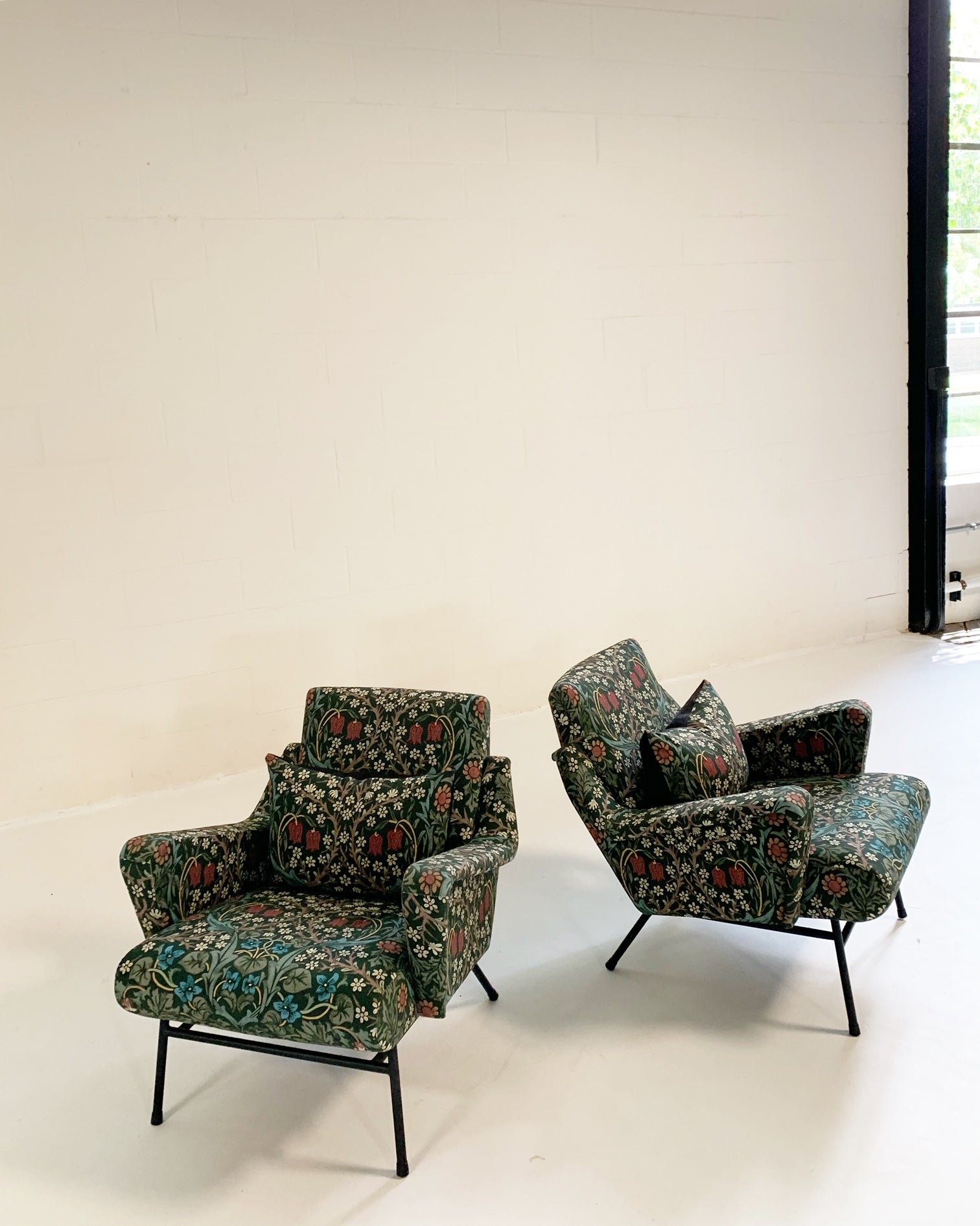 c. 1955 French Lounge Chairs in William Morris Blackthorn, pair - FORSYTH