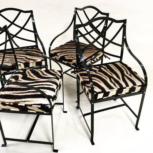 Iron Garden Chairs Painted Farrow & Ball Blue Black with Custom Zebra Hide Cushions, set of 4 - FORSYTH