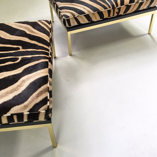 Knoll Style Zebra Hide and Brass Ottomans, pair - FORSYTH