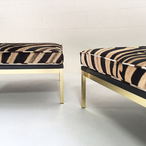 Knoll Style Zebra Hide and Brass Ottomans, pair - FORSYTH