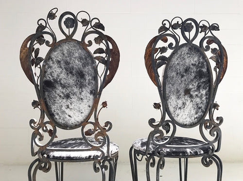 Vintage Iron Garden Chairs in Speckled Brazilian Cowhide - A Pair - FORSYTH