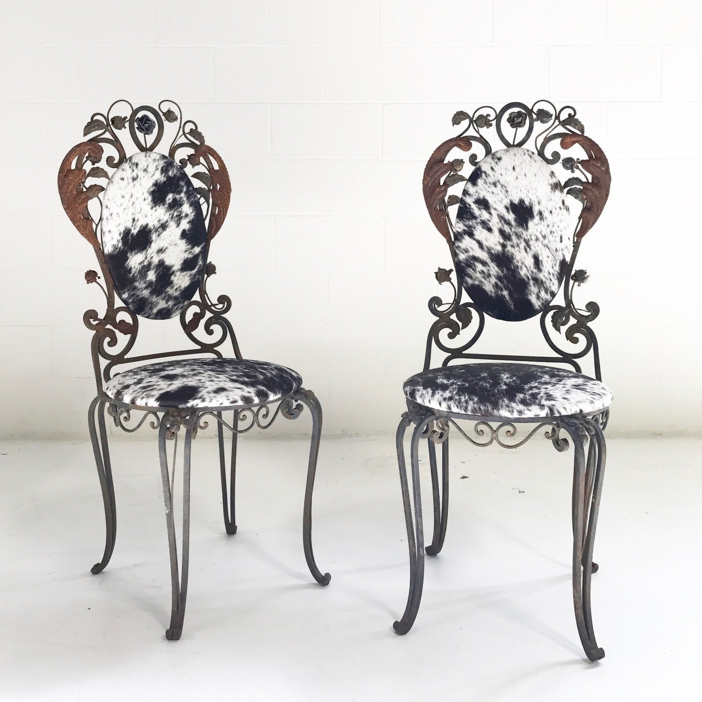 Vintage Iron Garden Chairs in Speckled Brazilian Cowhide - A Pair - FORSYTH