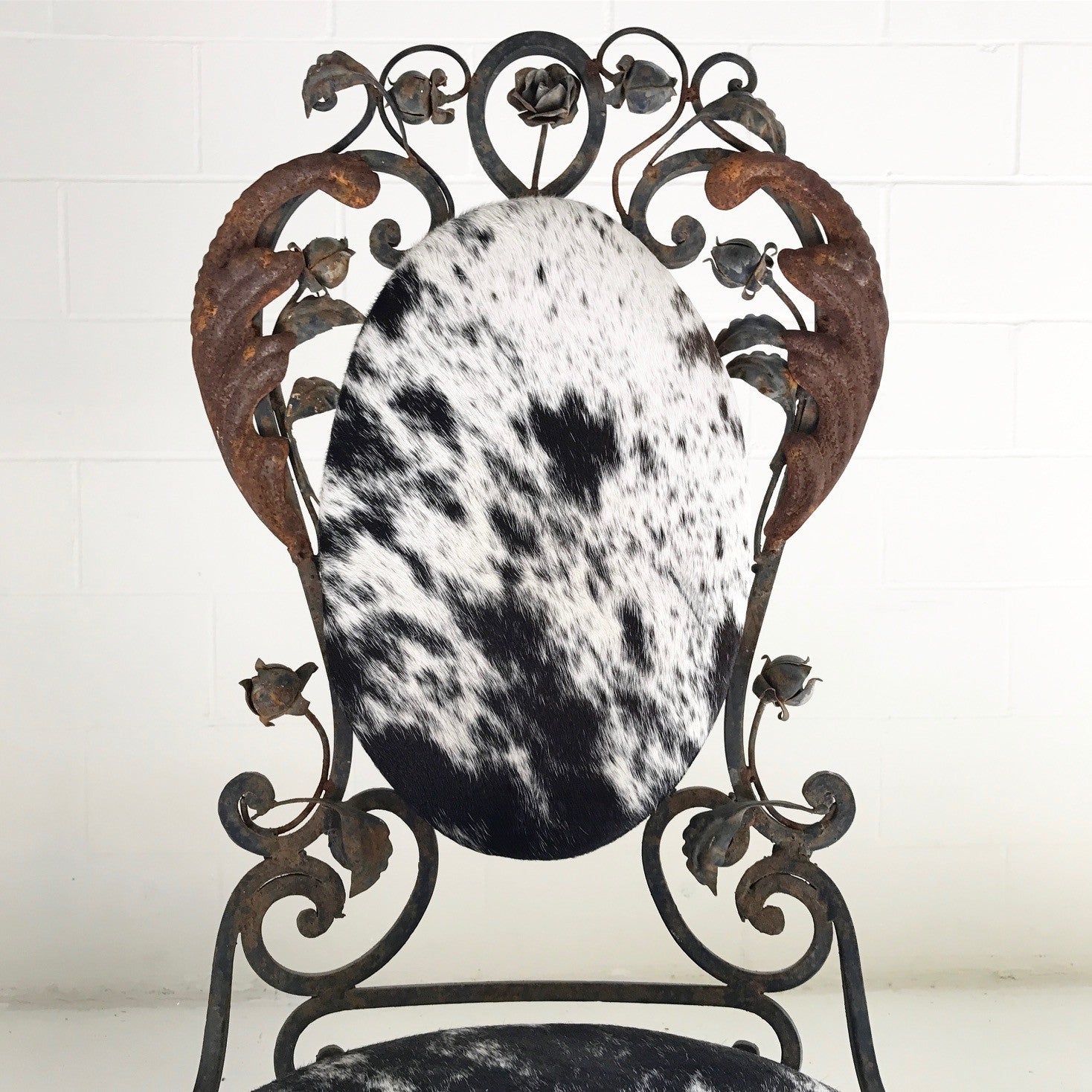 Vintage Iron Garden Chairs in Speckled Brazilian Cowhide - A Pair - FORSYTH