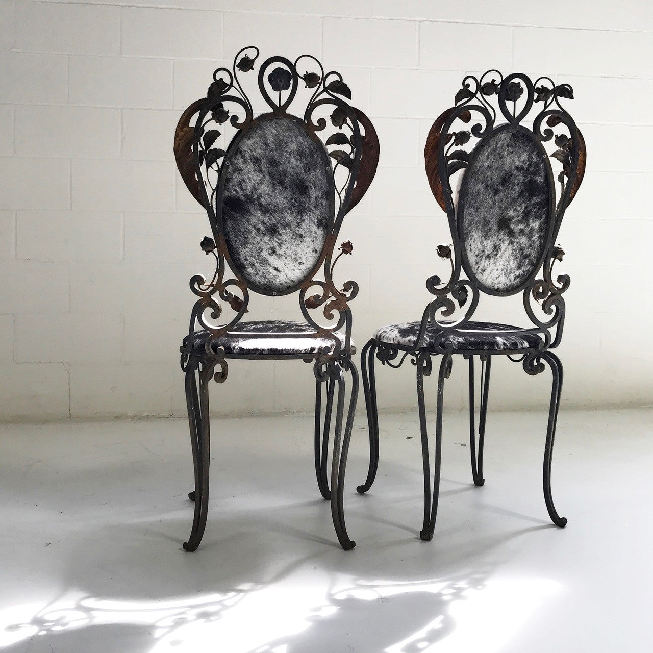 Vintage Iron Garden Chairs in Speckled Brazilian Cowhide - A Pair - FORSYTH