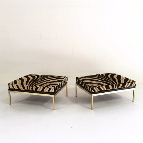 Knoll Style Zebra Hide and Brass Ottomans, pair - FORSYTH