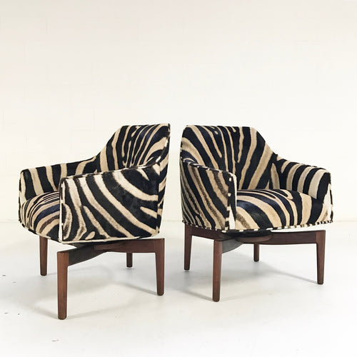Walnut Swivel Chairs in Zebra Hide, pair - FORSYTH
