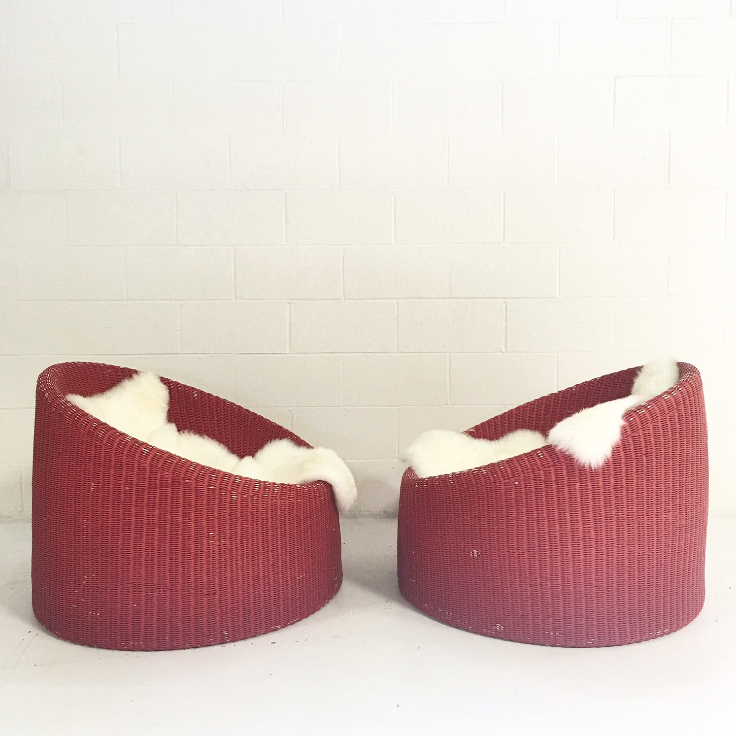 Rattan Lounge Chairs with Sheepskins, pair - FORSYTH