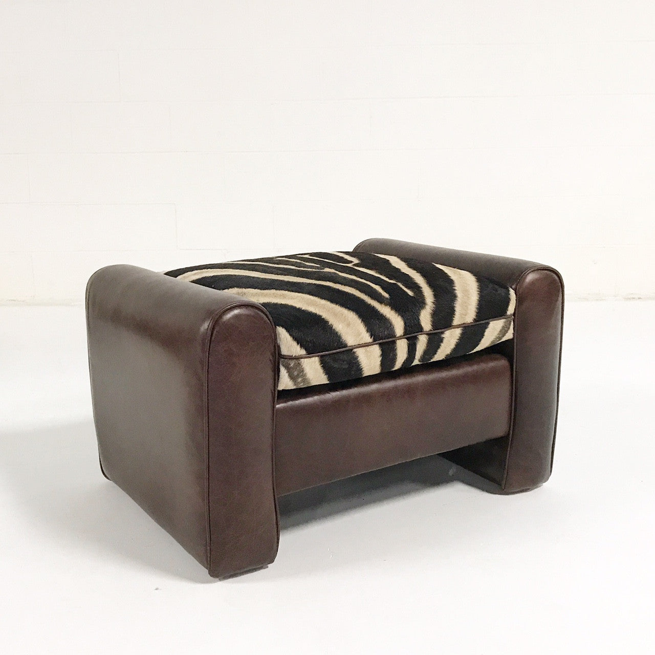 Vintage Ottoman Restored in Leather with Zebra Hide Cushion - FORSYTH