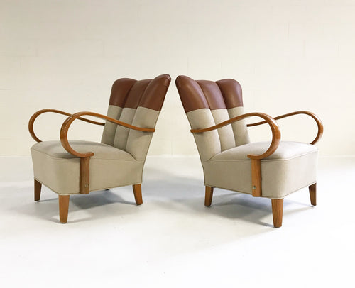 Italian Bentwood Armchairs in Loro Piana Leather and Linen, pair - FORSYTH