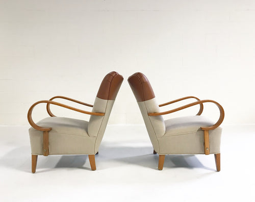 Italian Bentwood Armchairs in Loro Piana Leather and Linen, pair - FORSYTH