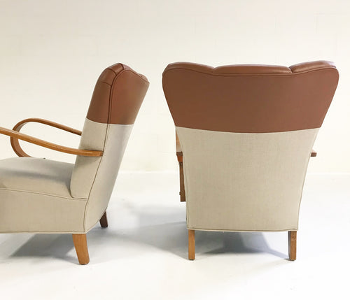 Italian Bentwood Armchairs in Loro Piana Leather and Linen, pair - FORSYTH