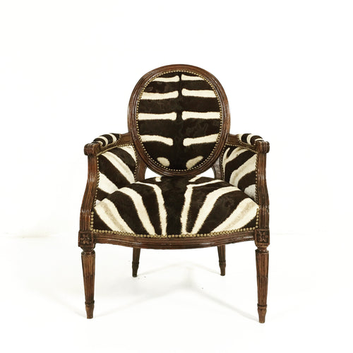 Louis XVI Style Walnut Bergere in Zebra Hide - FORSYTH