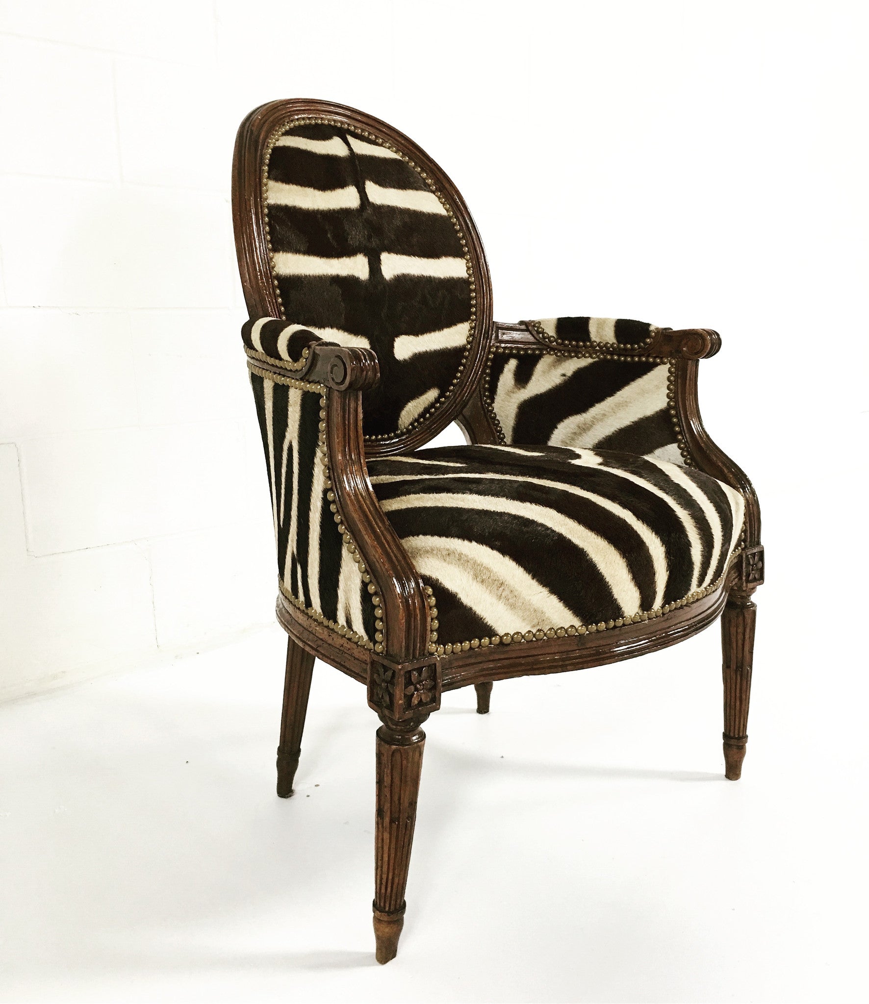 Louis XVI Style Walnut Bergere in Zebra Hide - FORSYTH