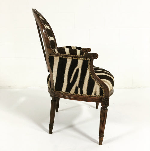 Louis XVI Style Walnut Bergere in Zebra Hide - FORSYTH