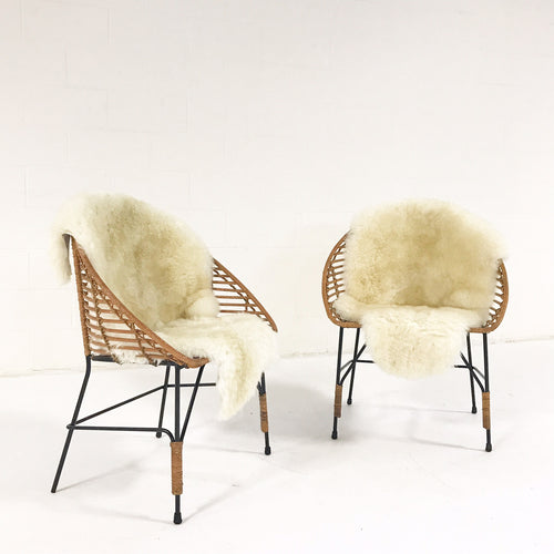 Vintage Mid-Century Iron and Rattan Chairs with Brazilian Sheepskins - Pair - FORSYTH