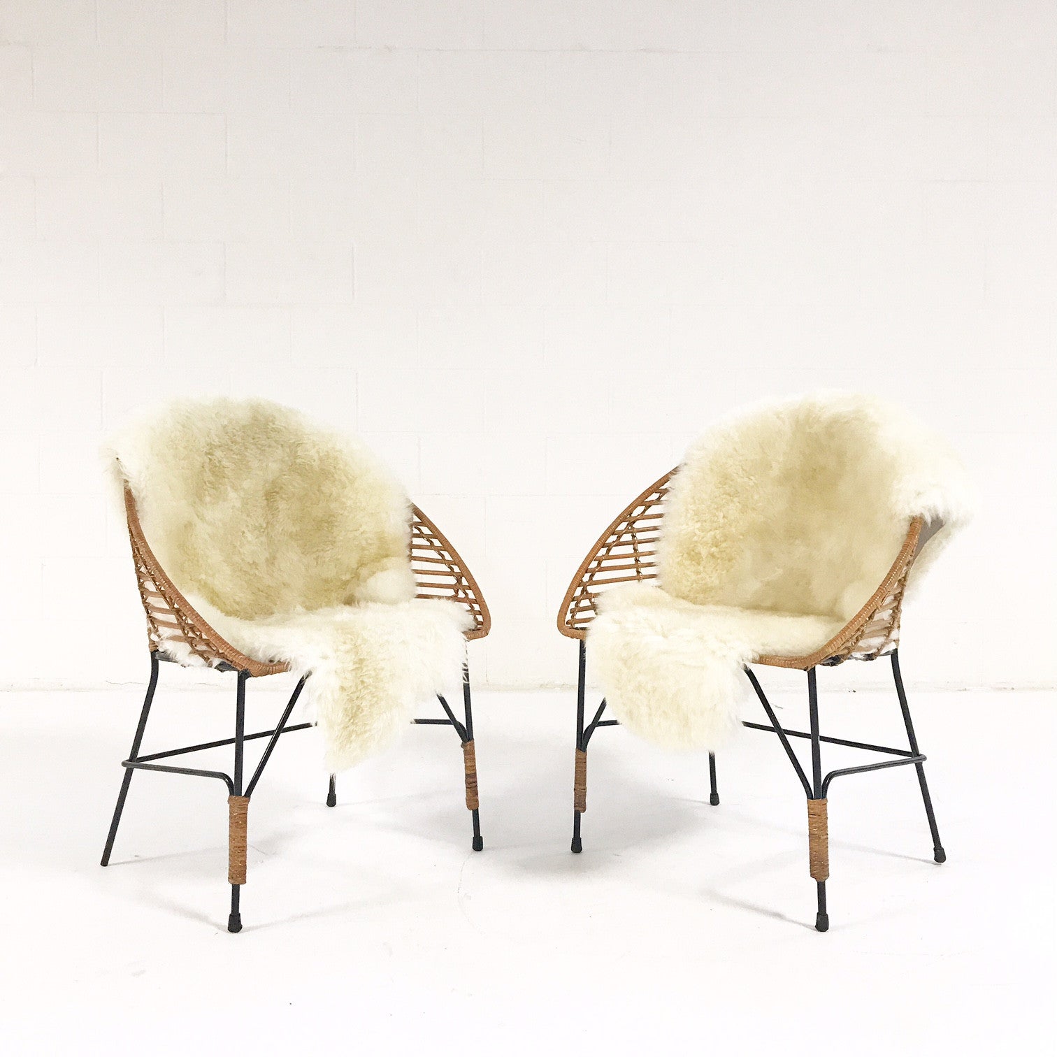 Vintage Mid-Century Iron and Rattan Chairs with Brazilian Sheepskins - Pair - FORSYTH