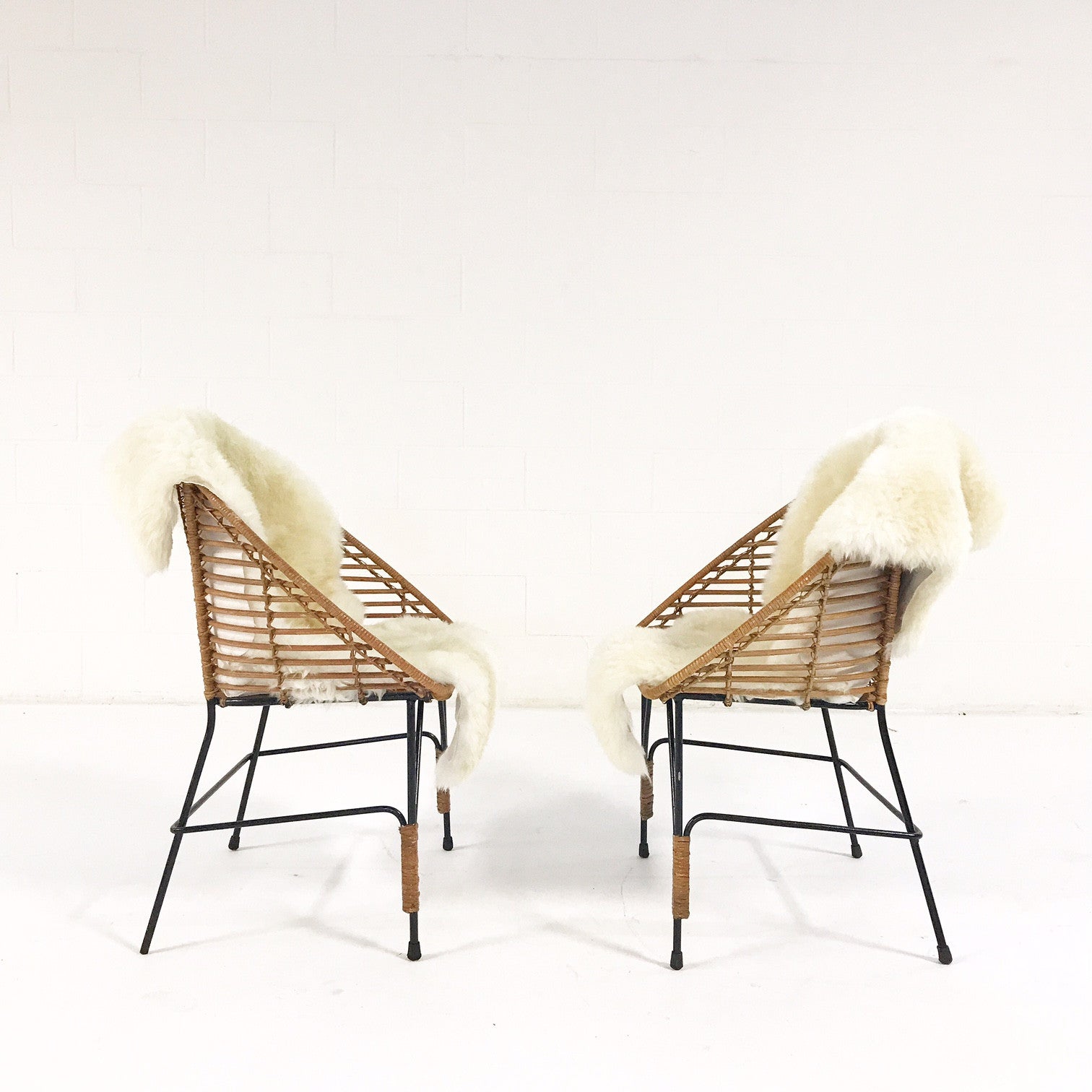 Vintage Mid-Century Iron and Rattan Chairs with Brazilian Sheepskins - Pair - FORSYTH