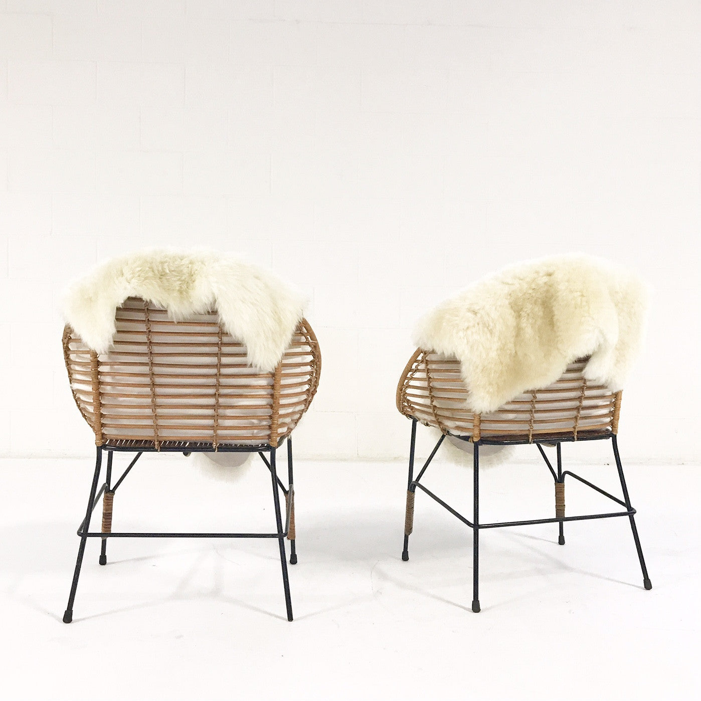 Vintage Mid-Century Iron and Rattan Chairs with Brazilian Sheepskins - Pair - FORSYTH