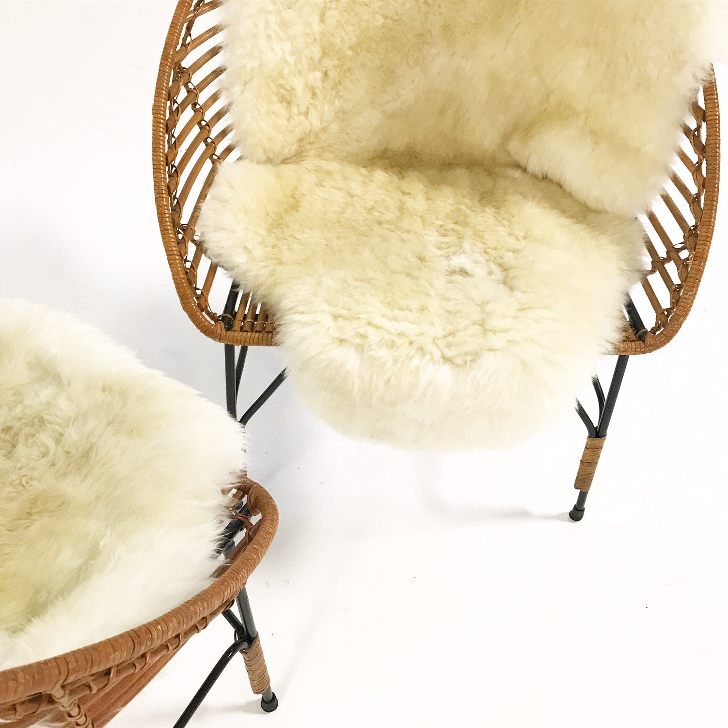 Vintage Mid-Century Iron and Rattan Chairs with Brazilian Sheepskins - Pair - FORSYTH