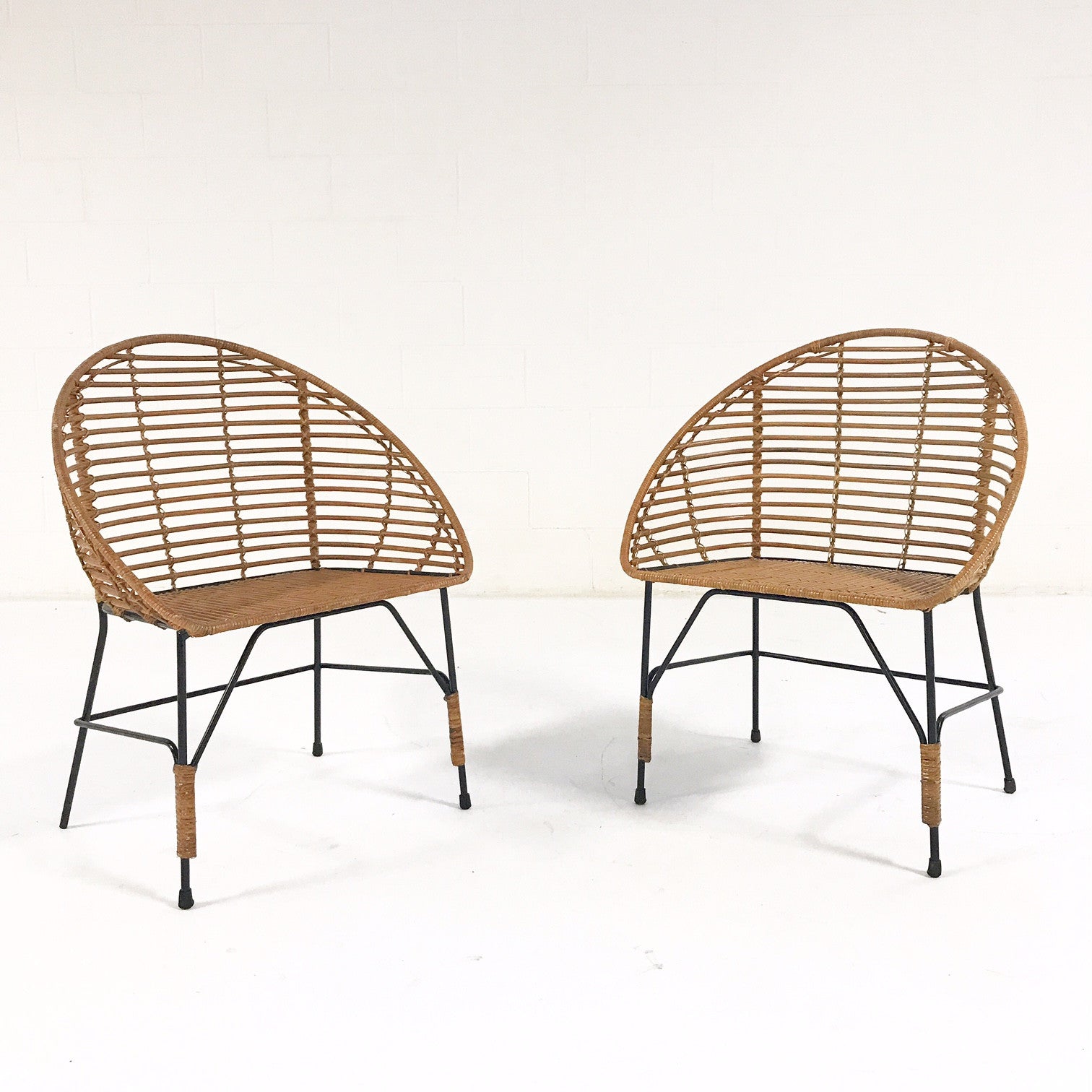 Vintage Mid-Century Iron and Rattan Chairs with Brazilian Sheepskins - Pair - FORSYTH