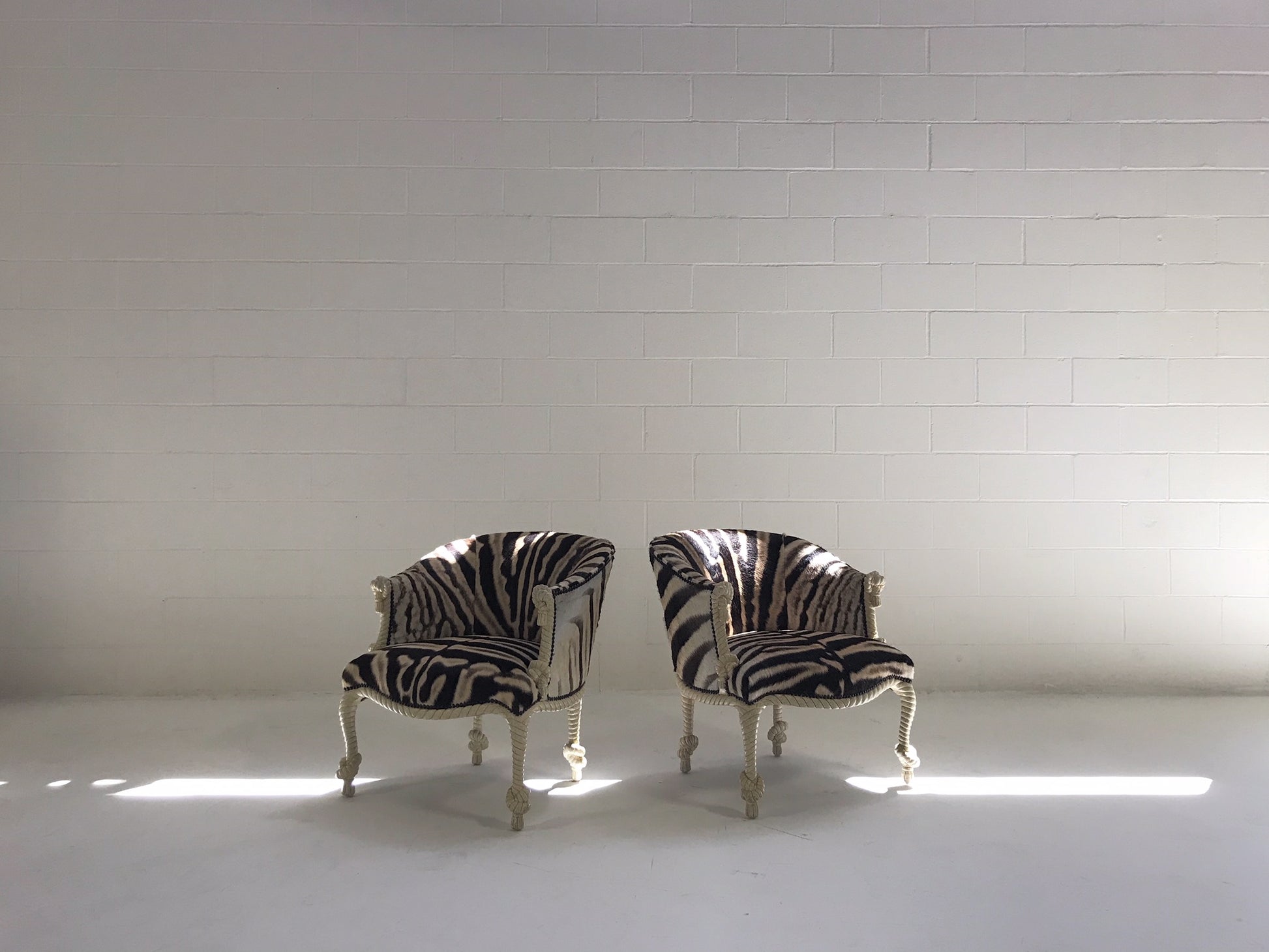 Vintage Napoleon III Style Twisted Rope and Tassel Carved Armchairs Restored in Zebra - Pair - FORSYTH