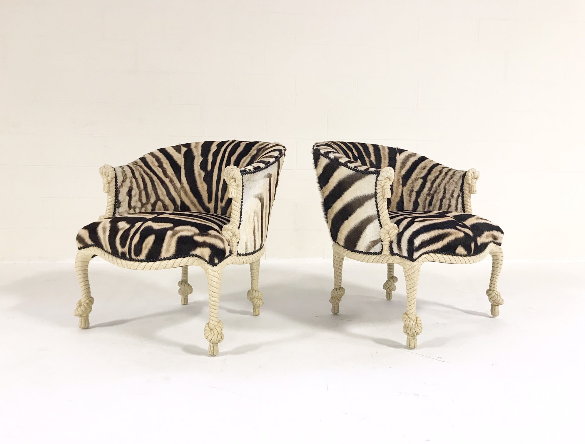 Vintage Napoleon III Style Twisted Rope and Tassel Carved Armchairs Restored in Zebra - Pair - FORSYTH