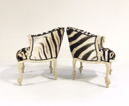 Vintage Napoleon III Style Twisted Rope and Tassel Carved Armchairs Restored in Zebra - Pair - FORSYTH