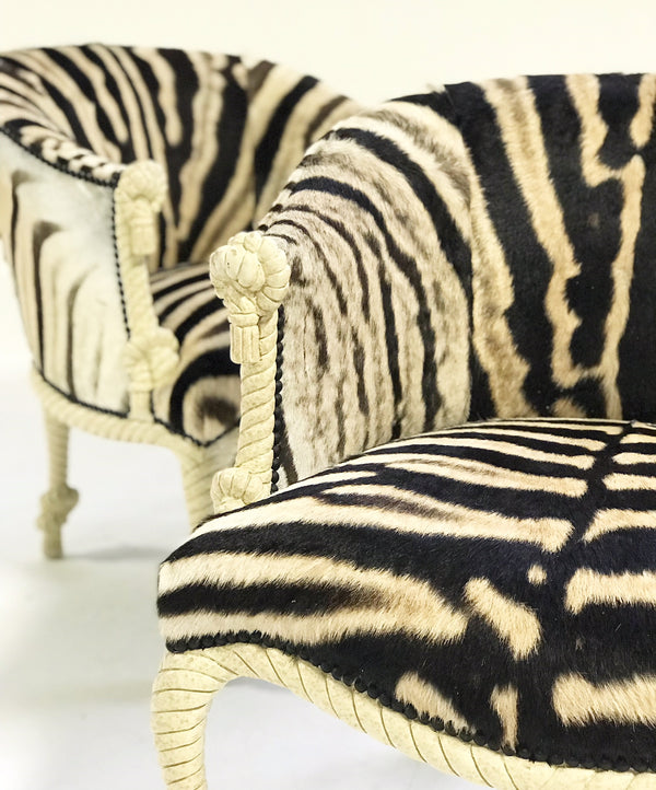 Vintage Napoleon III Style Twisted Rope and Tassel Carved Armchairs Restored in Zebra - Pair - FORSYTH