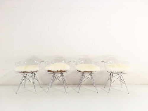 Mid-Century Style Lucite Chairs with Sheepskin Cushions, set of 4 - FORSYTH