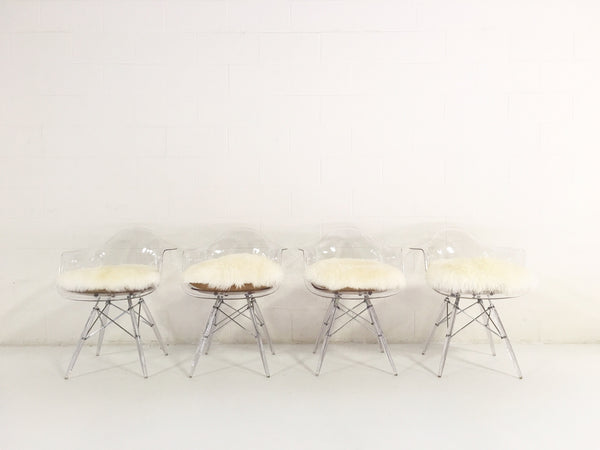 Mid-Century Style Lucite Chairs with Sheepskin Cushions, set of 4 - FORSYTH