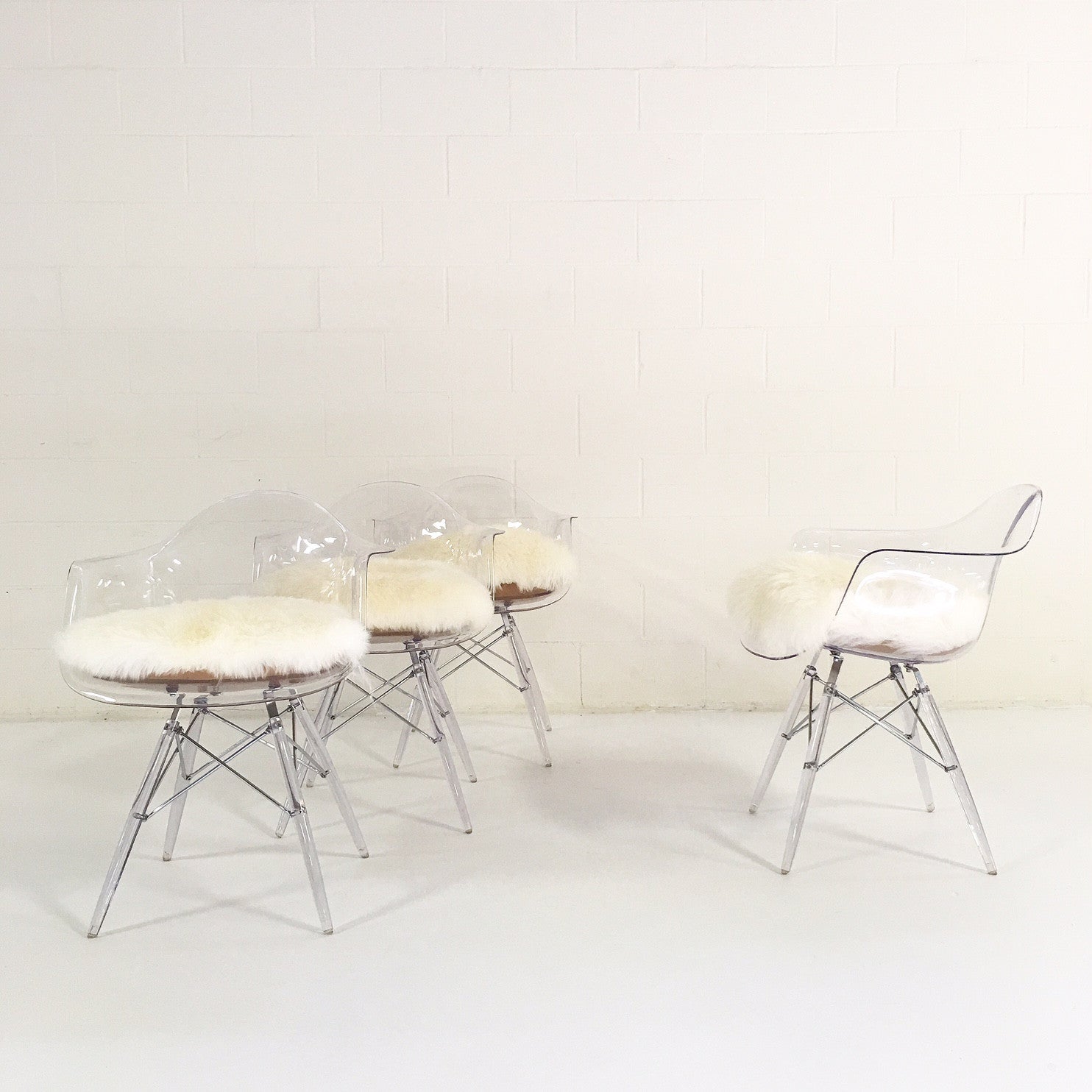 Mid-Century Style Lucite Chairs with Sheepskin Cushions, set of 4 - FORSYTH