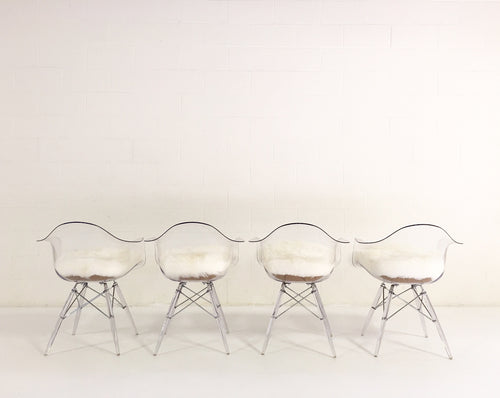 Mid-Century Style Lucite Chairs with Sheepskin Cushions, set of 4 - FORSYTH