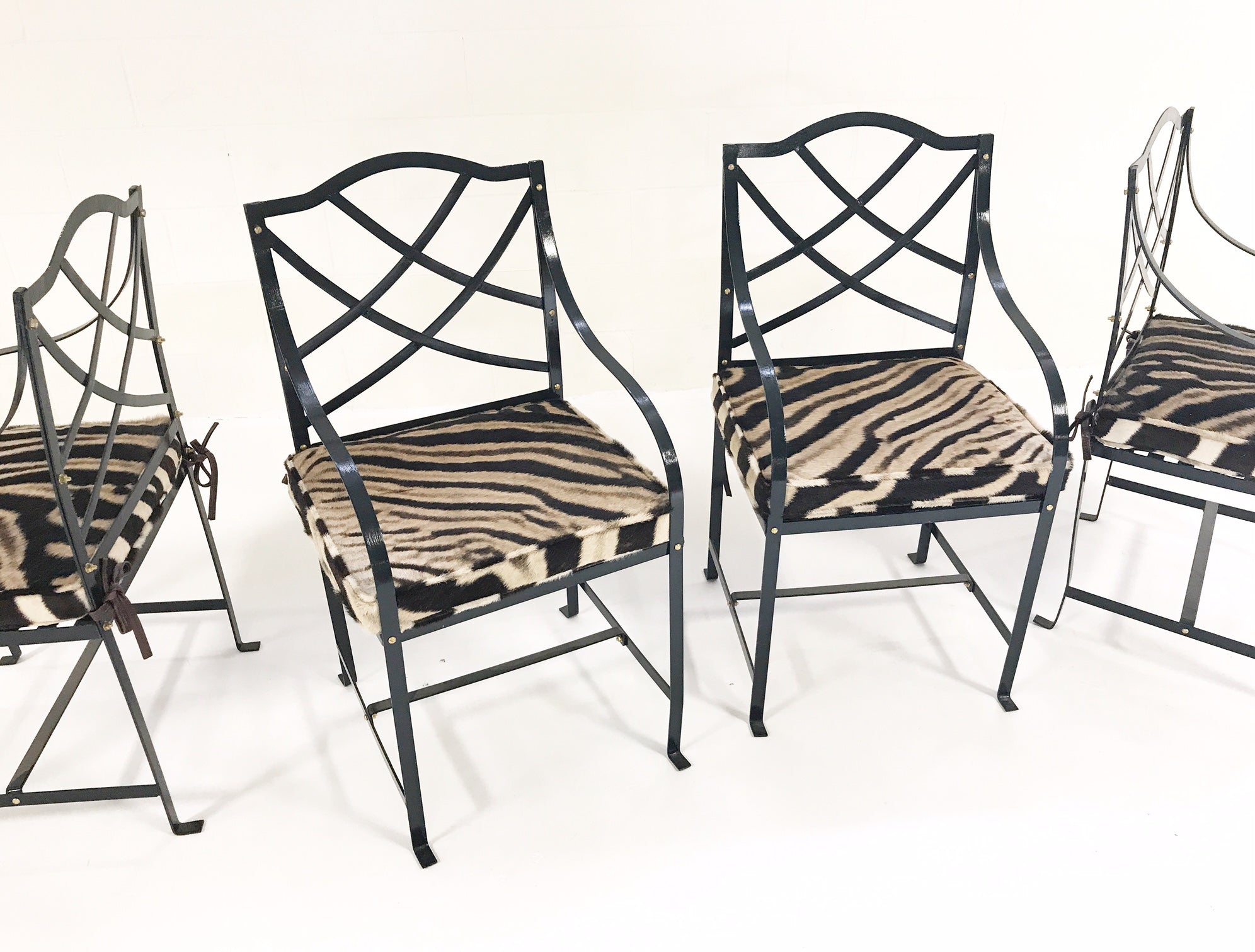Iron Garden Chairs Painted Farrow & Ball Blue Black with Custom Zebra Hide Cushions, set of 4 - FORSYTH