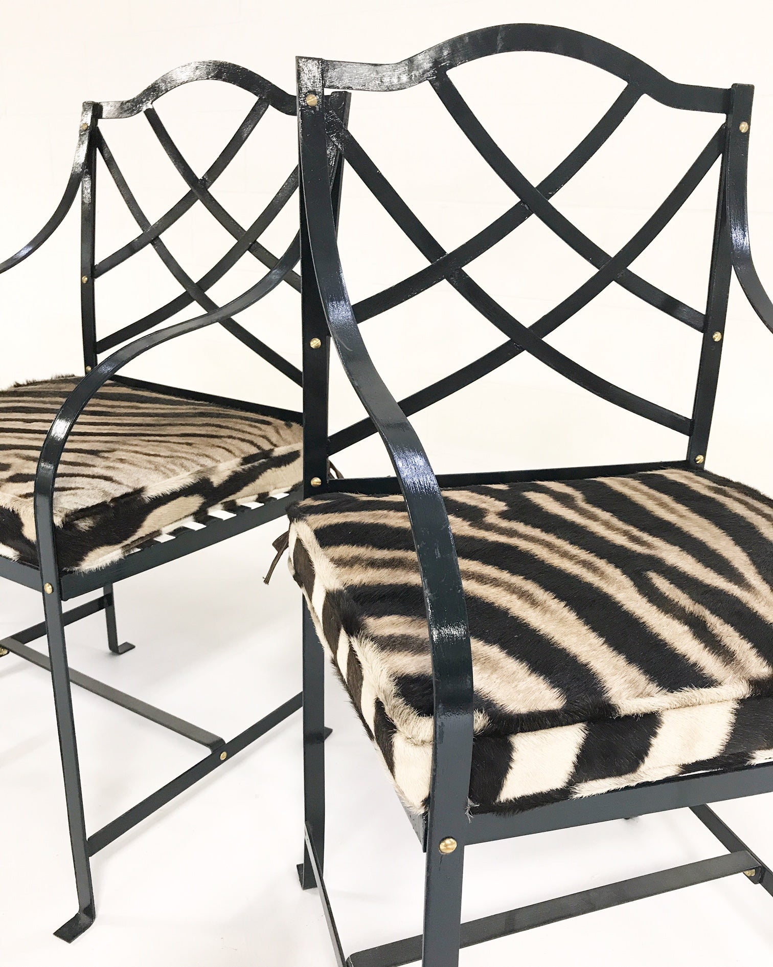 Iron Garden Chairs Painted Farrow & Ball Blue Black with Custom Zebra Hide Cushions, set of 4 - FORSYTH