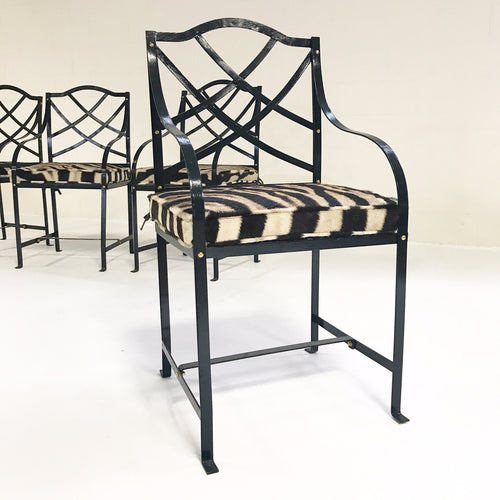 Iron Garden Chairs Painted Farrow & Ball Blue Black with Custom Zebra Hide Cushions, set of 4 - FORSYTH