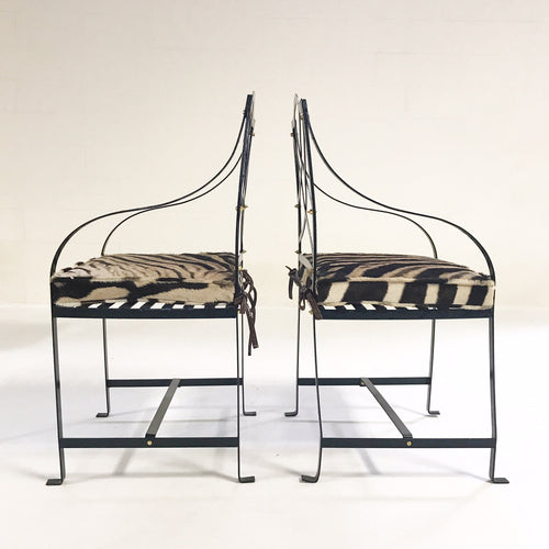 Iron Garden Chairs Painted Farrow & Ball Blue Black with Custom Zebra Hide Cushions, set of 4 - FORSYTH