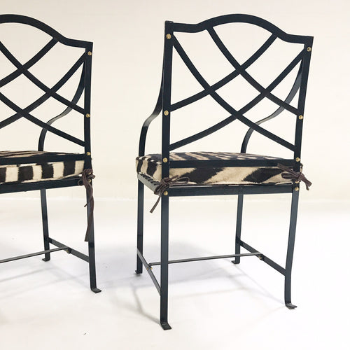 Iron Garden Chairs Painted Farrow & Ball Blue Black with Custom Zebra Hide Cushions, set of 4 - FORSYTH