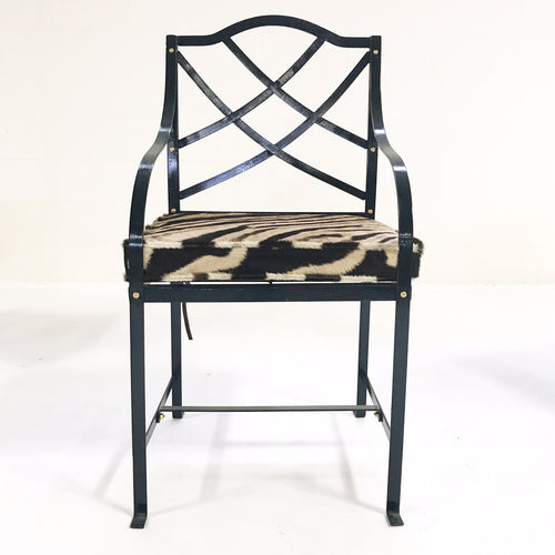 Iron Garden Chairs Painted Farrow & Ball Blue Black with Custom Zebra Hide Cushions, set of 4 - FORSYTH