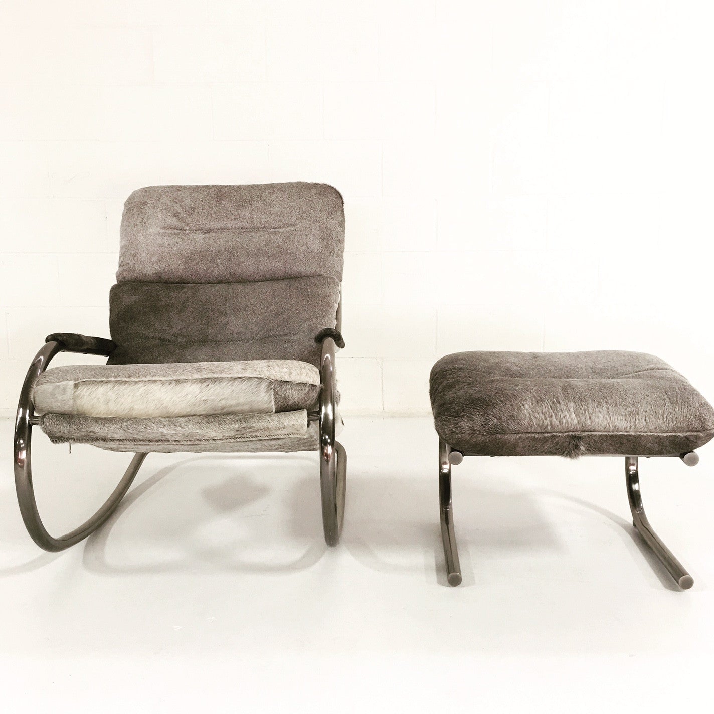 Rocking Lounge Chair & Ottoman in Brazilian Cowhide - FORSYTH