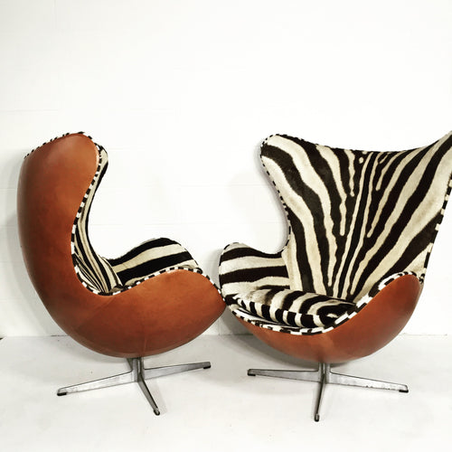 Egg Chairs in Zebra Hide and Leather, pair - FORSYTH