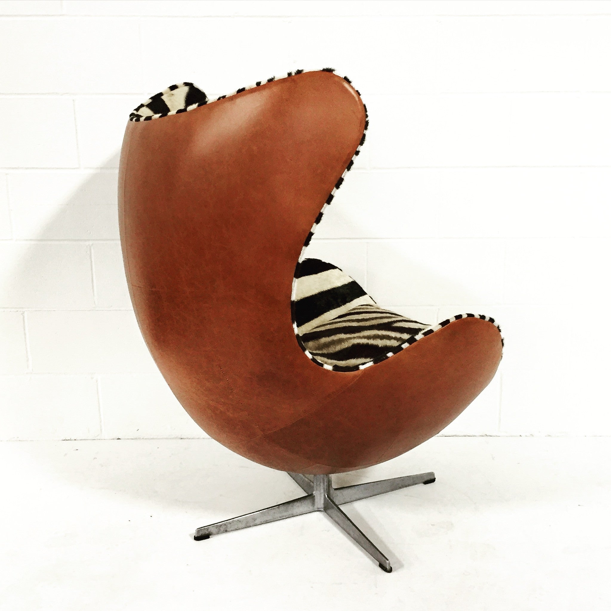 Egg Chairs in Zebra Hide and Leather, pair - FORSYTH
