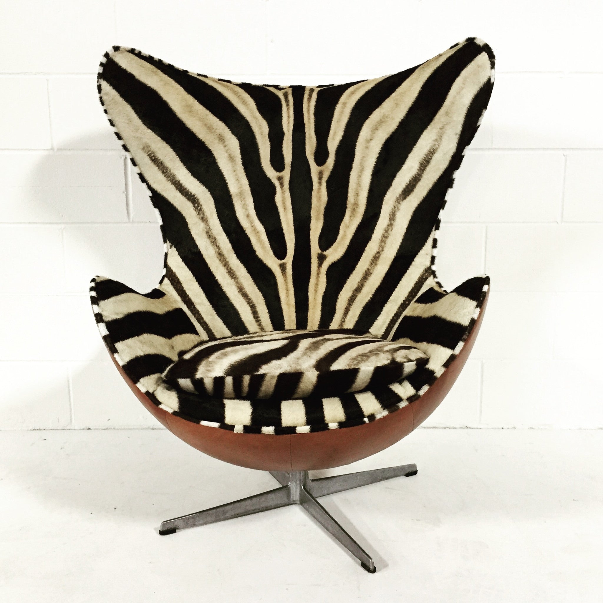 Egg Chairs in Zebra Hide and Leather, pair - FORSYTH