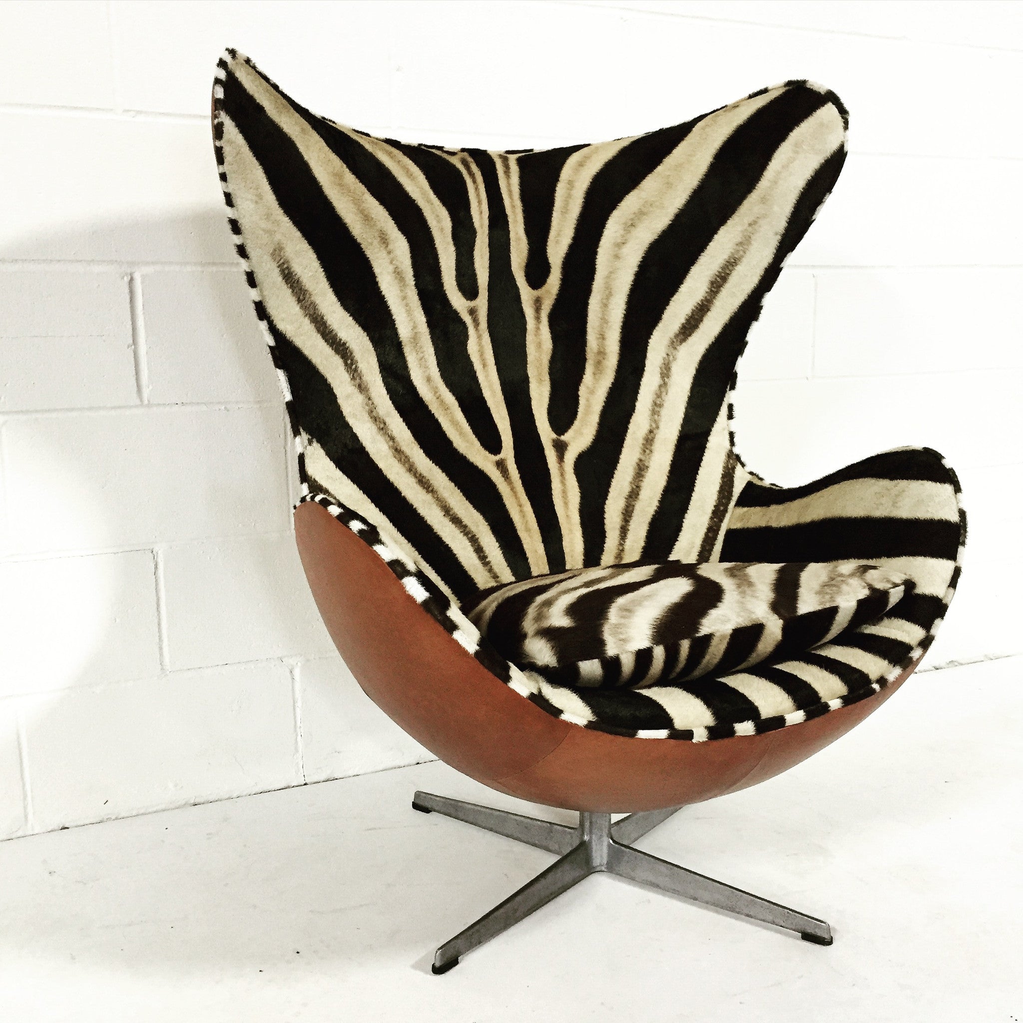 Egg Chairs in Zebra Hide and Leather, pair - FORSYTH