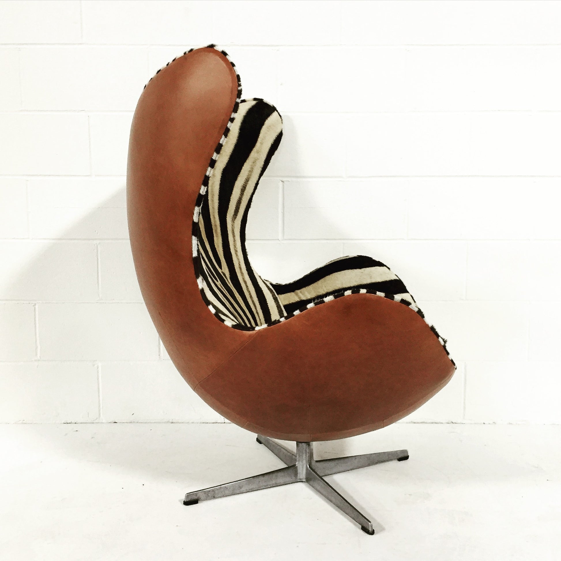 Egg Chairs in Zebra Hide and Leather, pair - FORSYTH