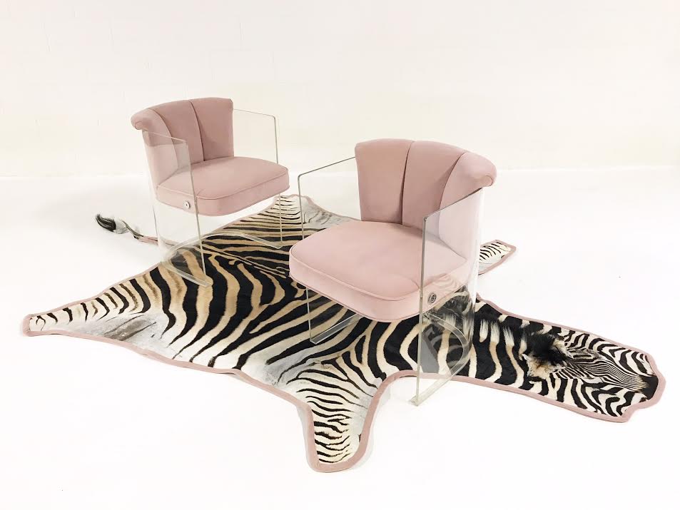 Armchairs Model 6700 in Velvet with Zebra Hide Rug - FORSYTH