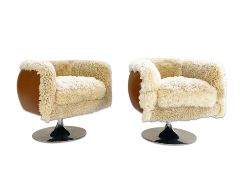 Swivel Lounge Chairs in California Sheepskin and Loro Piana Leather, pair - FORSYTH